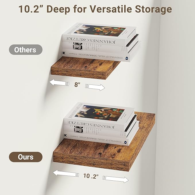 Vivelove 10 Inch Deep Floating Shelves 10 inch Long, 10 x 10 Wide Wall Shelves with Invisible Brackets, for Bedroom Bathroom Living Room Kitchen Office, Farmhouse Home Decor, Set of 2, Rustic Brown