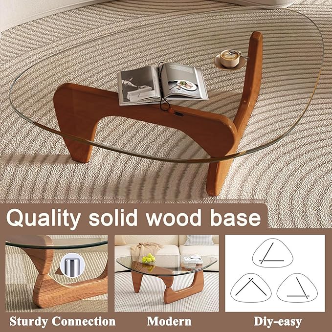 Glass Coffee Table, Mid Century Modern Coffee Table, Coffee Table for Living Room Center Table Suitable for Bedroom Living Room Reception Office Tables (Walnut/Transparent, Large)