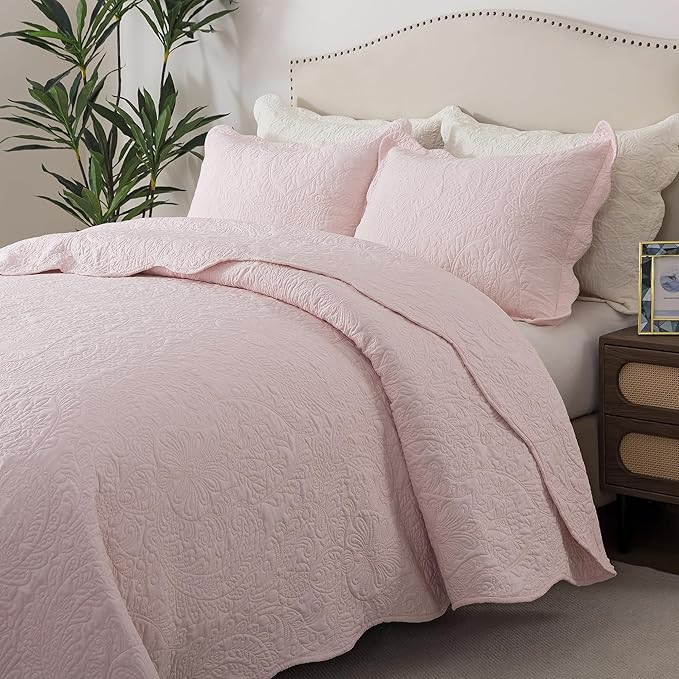 HoneiLife King Size Quilt Sets - 3 Piece Microfiber Quilt Set Lightweight Bedspreads Reversible Coverlets Rustic Bed Cover King Quilt Bedding Set All Season Quilts-Light Pink