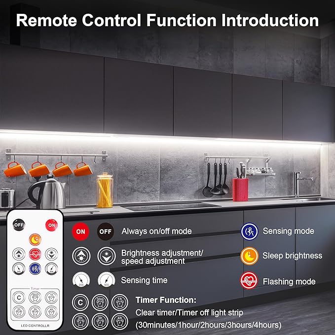 LAFULIT 10 PCS Under Cabinet Lights Kit, Motion Sensor LED Strip Lights with Remote, Dimmable and Timer White Counter Lights for Kitchen Cabinets, Cupboards, Closets, Stairs, Shelf, Desk, and Bed