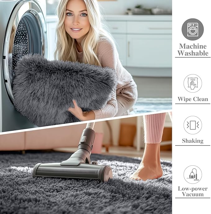 OLANLY 8x10 Machine Washable Large Area Rugs for Living Room, Bedroom, Soft Fluffy Shaggy Bedside Rug, Indoor Floor Carpet for Kids Girls and Boys, Dorms, Nursery, Home Decor Aesthetic, Grey
