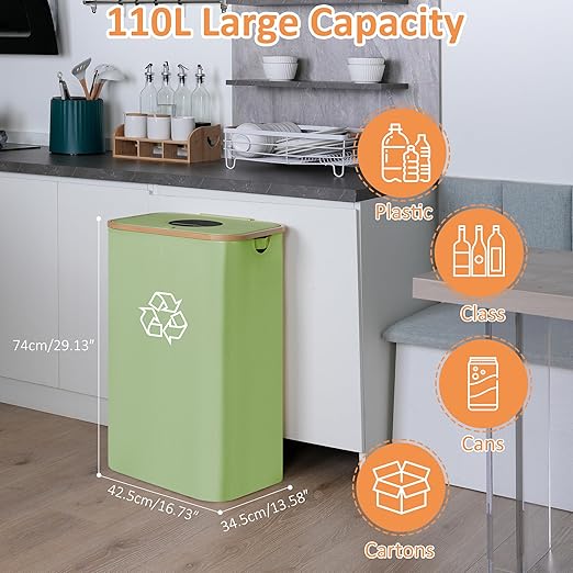 iEGrow 29 Gallons Recycling Bins for Kitchen, Indoor Recycle Bins with Lid, 110L Large Recycle bin with 2 Removeable Reusable Inner Bags, for Bottles Cans Glass Plastice Cartons(Green)