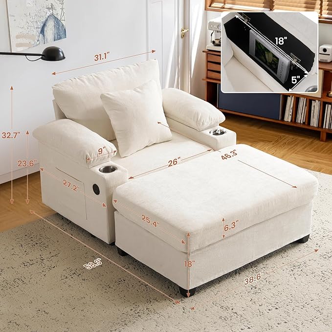 SUNWAVE 58" Chaise Lounge Chair with Ottoman, Chenille Fabric Sofa Bed, Accent Chair with Cupholders & USB Charging Ports for Living Room, Bedroom, Apartment (1 Chaise Ivory)