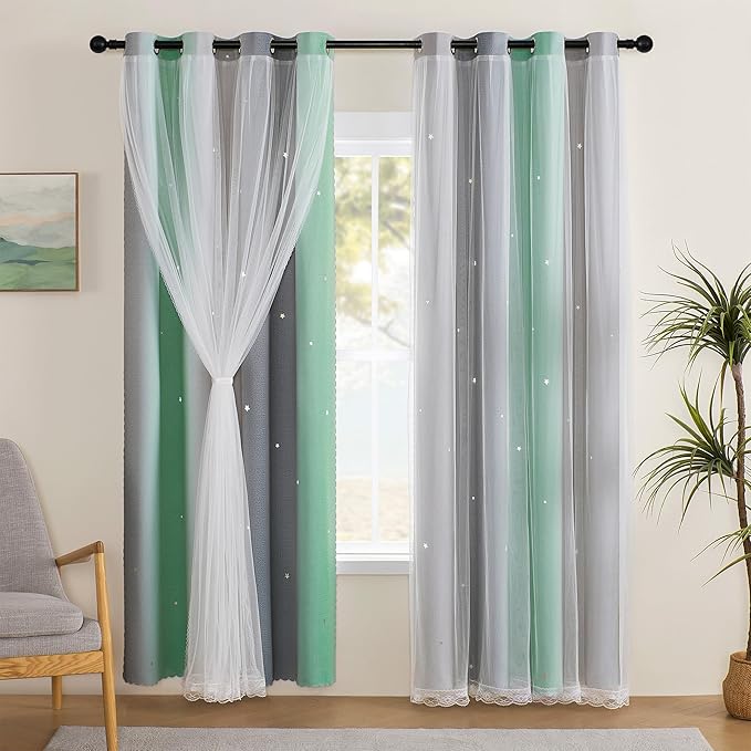 XiDi Curtains for Bedroom Decor, Rainbow Green LightgreyGrey52/96/1
