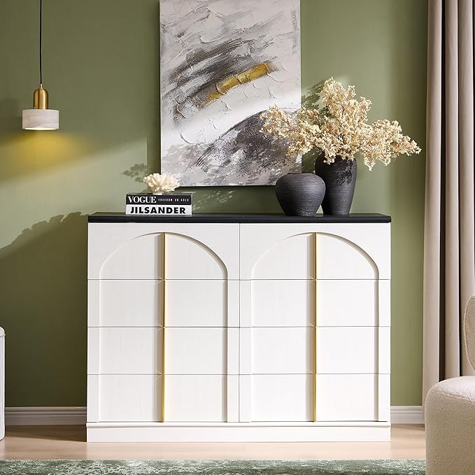 ACCOHOHO Large Dresser for Bedroom with 8 Drawers with Arched Panel,Modern Minimalist Chest of Drawers with Gold Handles,Wood Storage Closet Dressers Tv Stand for Living Room, Hallway,White