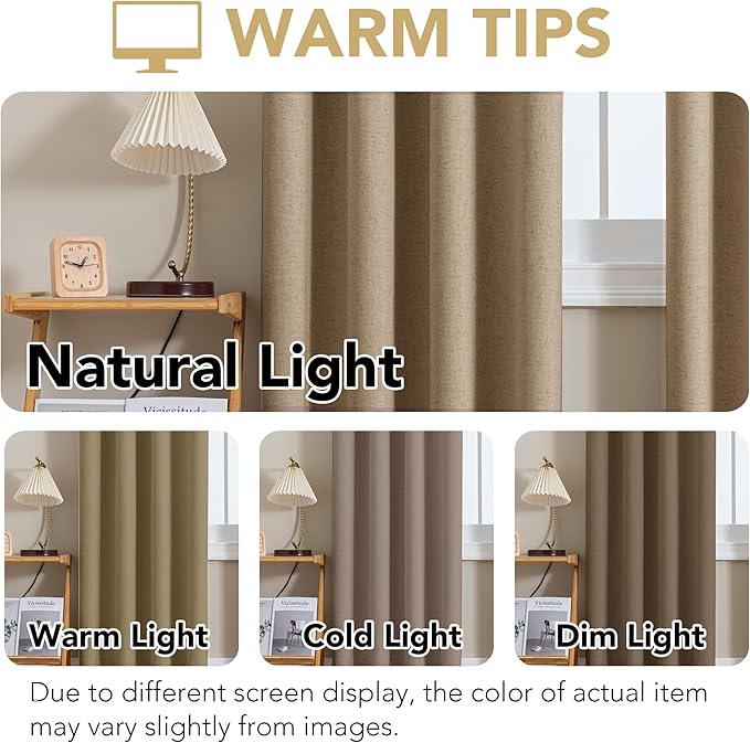 H.VERSAILTEX Linen Curtains 100% Blackout Curtains for Bedroom 45 inch Long Full Light Blocking Nature Linen Blended Window Curtains for Living Room Nickel Grommet (2 Panels, Heathered Macchiato)