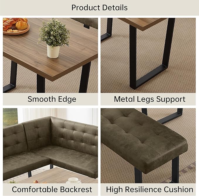 3-Piece Corner Dining Table Set with Bench, 70 Inch Space-Saving Breakfast Nook for Kitchen & Dining Room(Walnut Table & L-Seat Brown Bench)