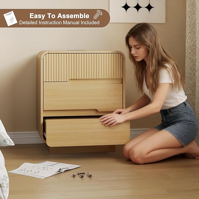 7 Drawer Dresser and 2 Nightstand Sets for Bedroom 3 Pcs Bedroom Set, Modern 47.2" Fluted Dresser with Invisible Handles Nightstand Charging Station, Bedroom Furniture Set for Living Room, Natural