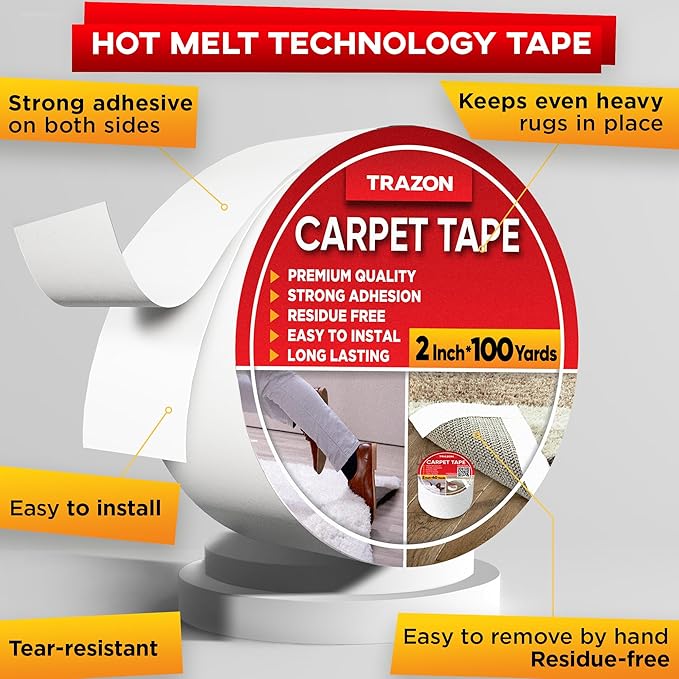 Carpet Tape Double Sided - Rug Tape Grippers for Hardwood Floors and Area Rugs - Carpet Binding Tape Strong Adhesive and Removable, Heavy Duty Stickers Grip Tape, Residue Free (2 Inch / 100 Yards)