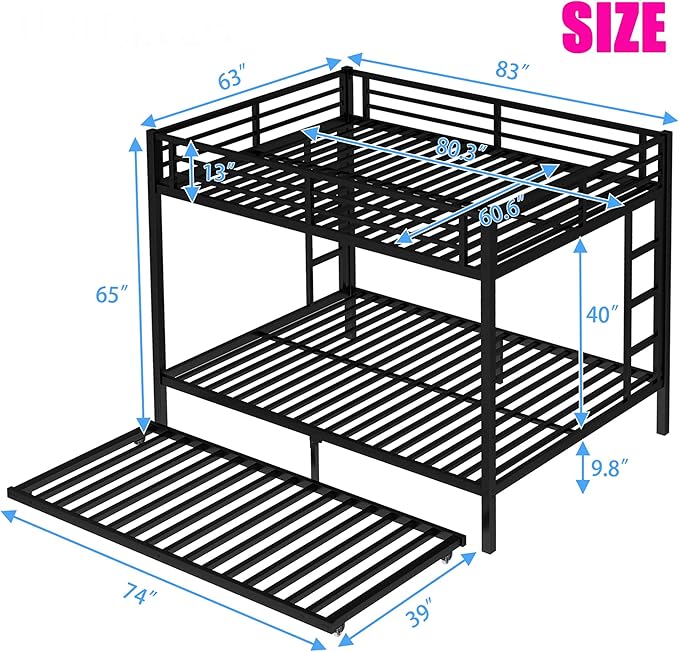 Upgraded Version Thicken Metal Heavy-Duty Queen Over Queen Bunk Bed with Trundle, Best Modern Style Stronger Queen Size Bunk Bed Frame with Ladder for Adults, Easy Assembly (Queen with Trundle)