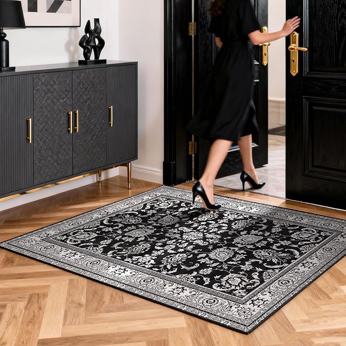 2x3 Washable Area Rug for Entryway：Soft Traditional Printed Area Rug Non-Slip Kitchen Rugs Low-Pile Medallion Indoor Door Mat Small Farmhouse Carpet for Entrance Foyer Bedside Black White 2x3