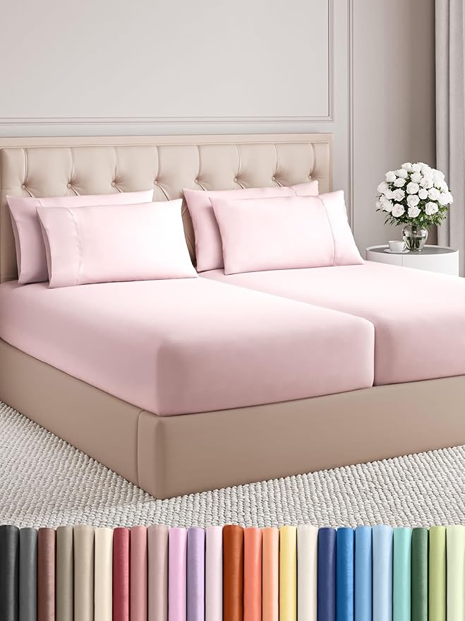 Split King 7 Piece Sheet Set - Cooling & Breathable - Hotel Luxury Bedding Includes Fitted Sheets for Women, Men, Kids & Teens - 1 Flat, 2 Fitted Sheets, 4 Pillowcases w/Deep Pockets - Lavender Pink