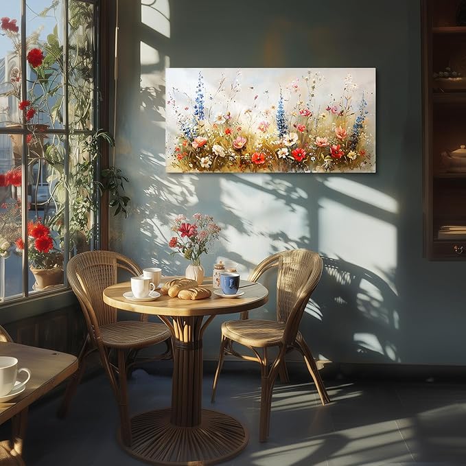 SERIMINO Spring Wildflower Wall Art, Nature Botanical Floral Large Artwork for Walls, Flower Market Canvas Art Prints, Modern Country Aesthetic Paintings Wall Decor Living Room Bedroom 24X48 Inch