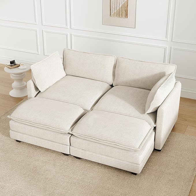 78'' Modular Sectional Cloud Couch with 2 Movable Ottoman, 4 Seat Comfy Modern Corduroy Sofa with 2 Throw Pillows, Deep Seat Sleeper Couch for Living Room Bedroom Apartment, Beige