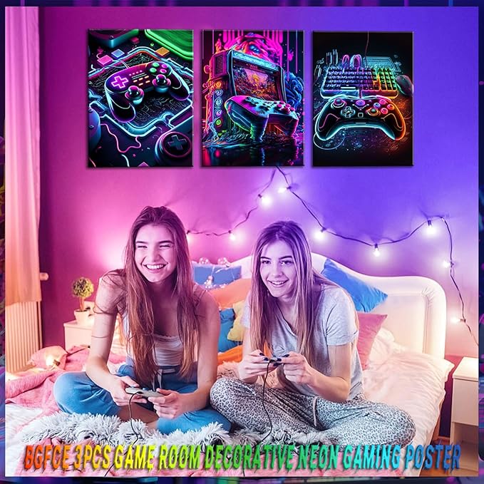 Game Room Decor Posters Set of 3 - Neon Gaming Accessories Theme Canvas Wall Art, Gamer Console Paintings Picture Wall Decor for Children Youth Boys Bedroom 16x24 inch Unframed