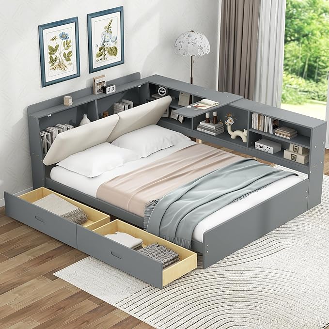 Ball & Cast Full Size Wooden Storage Daybed Frame, Modern Platform Bed with Drawers & Flip Headboard & Shelves, L Shaped Full Floor-Bed w/Upholstered Headboard&Storage, No Box Spring Needed, Gray