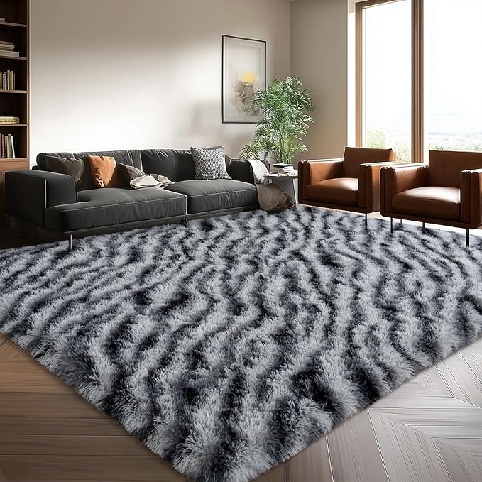 Fluffy Rugs for Living Room, 6x9 Ft Zebra Black and White Area Rug, Soft Large Shag Rugs for Bedroom Dorm Kids Room Nursery, Non-Slip Modern Fuzzy Plush Carpet for Indoor Home Decor