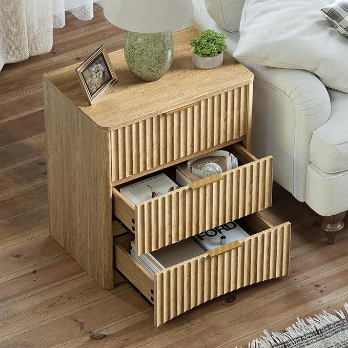Evermagin Fluted Nightstand, Natural Oak Bedside Table with 3 Drawers, Wood End Table with Storage Mid Century Modern, Large Night Stand for Bedroom