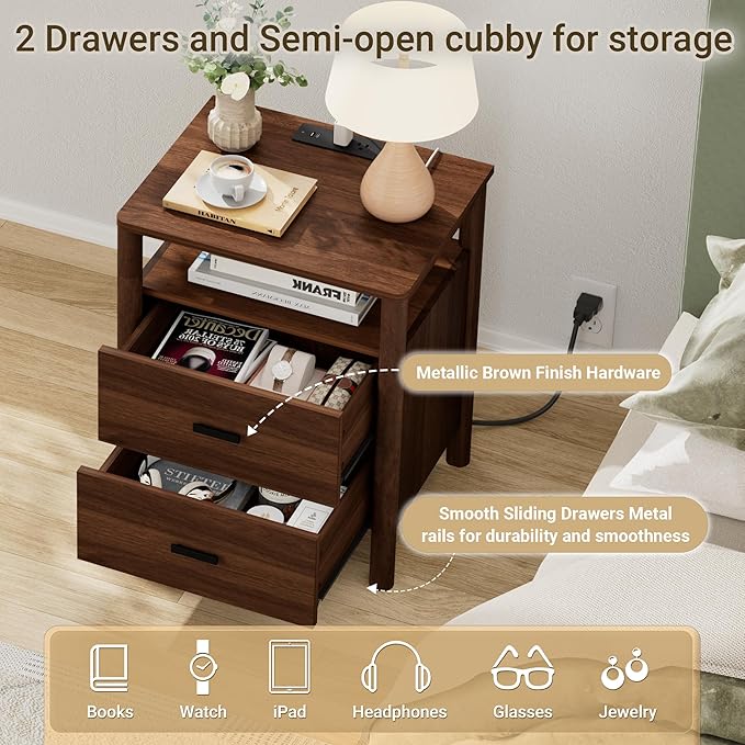 FavourLife Night Stand, 20" Wide Nightstand, Modern Nightstand with Charging Station, 2 Drawer Wooden End Table with Solid Round Post Legs & Open Shelf, Bedside Table w/Storage for Bedroom, Walnut