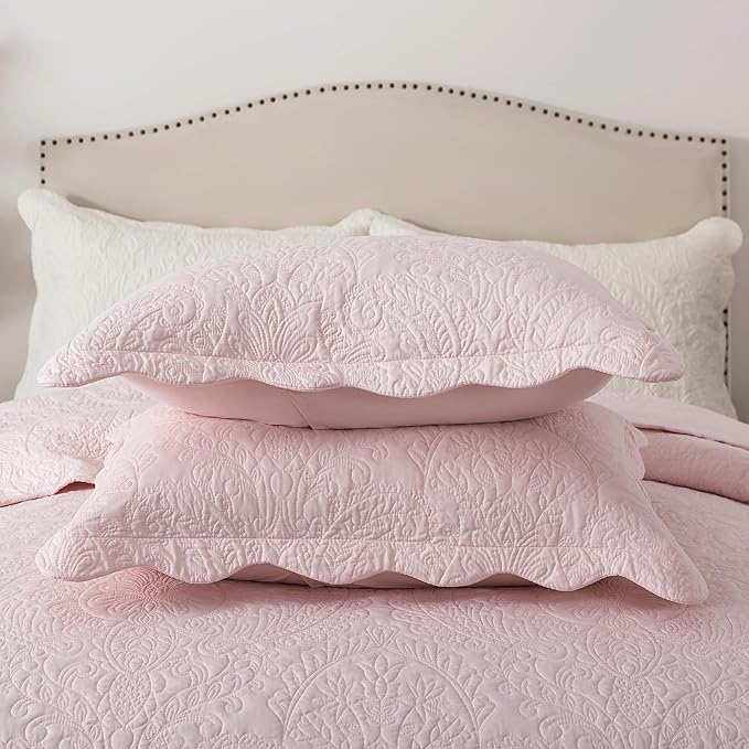 HoneiLife King Size Quilt Sets - 3 Piece Microfiber Quilt Set Lightweight Bedspreads Reversible Coverlets Rustic Bed Cover King Quilt Bedding Set All Season Quilts-Light Pink