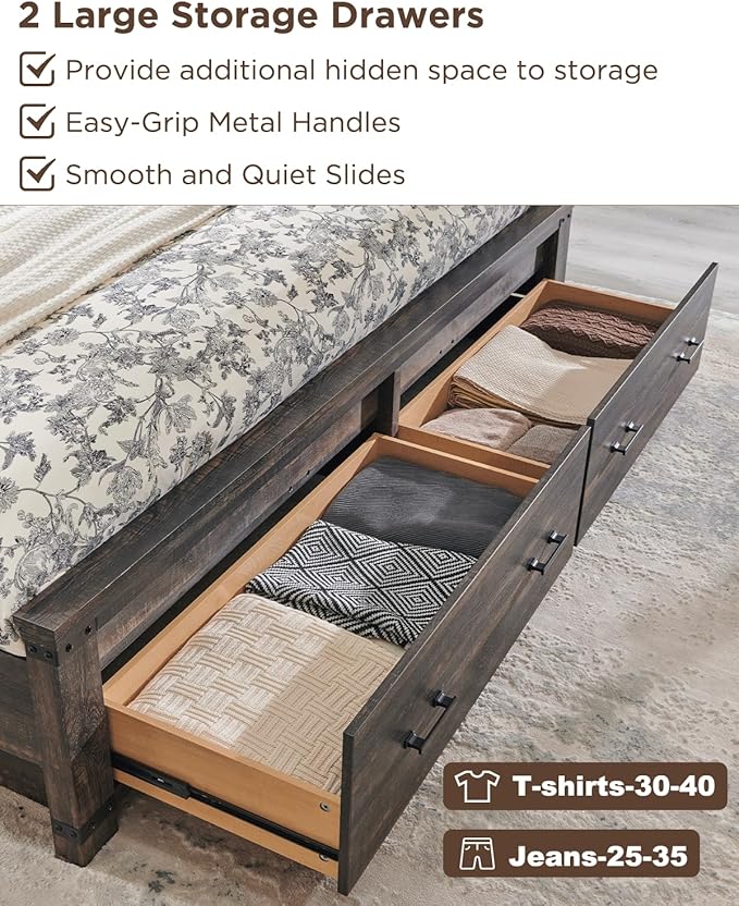 T4TREAM Farmhouse King Size Bed Frame with 54" Tall Geometric Headboard & 2 Large Storage Drawers, Rustic Wood Platform Bed with Wood Slats Support, No Box Spring Needed, Dark Rustic Oak
