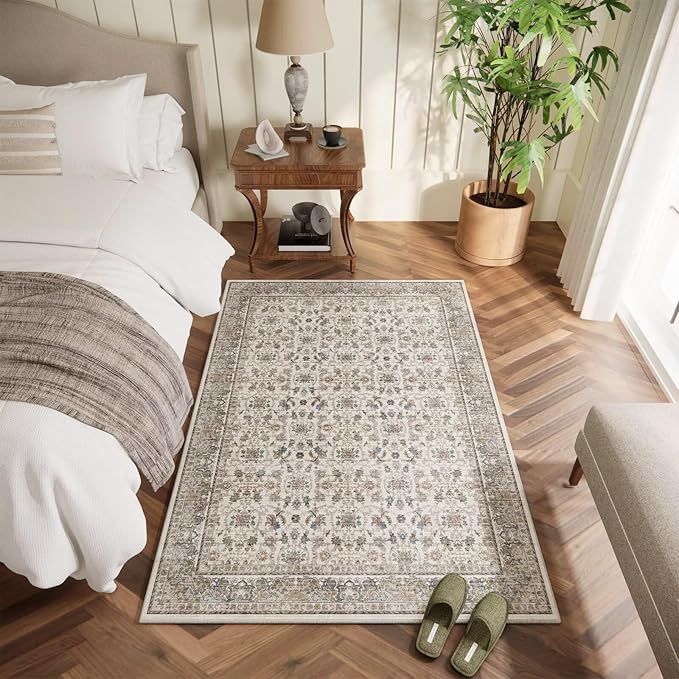 Washable 3x5 Entryway Rug, Boho Non-Slip Vintage Distress Small Rugs for Kitchen Nursery Office Bedroom, 0.3" Neutral Oriental Throw Thin Carpet with Cushioning Pad, Cream/Blue/Orange/Multi