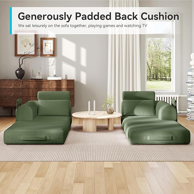 Upgrade High Backrest Design Sofa Bed with Fixed-Shape Frame & Removable Armrests and Backrest, Corduroy Fabric, Convertible Mattress Couch for Small Spaces - No Assembly (High Backrest Olive Green)