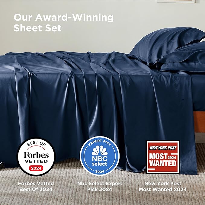Bedsure King Size Sheets Set, Cooling Sheets for Hot Sleepers, Rayon Derived from Bamboo, Breathable & Soft, Deep Pocket Up to 16 Inches, Hotel Luxury Silky Bedding, Navy
