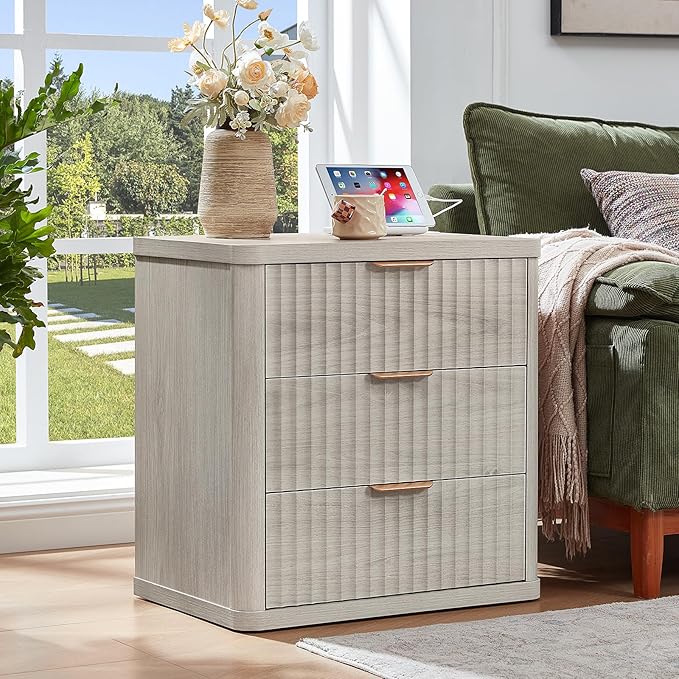 LEYAOYAO 23" Wide Fluted Farmhouse Night Stand Set of 2 with Charging Station, 3 Drawers Large End Table w/Metal Handle, LightGrey Nightstand Bedside Table,Wood Dresser for Bedroom, Closet