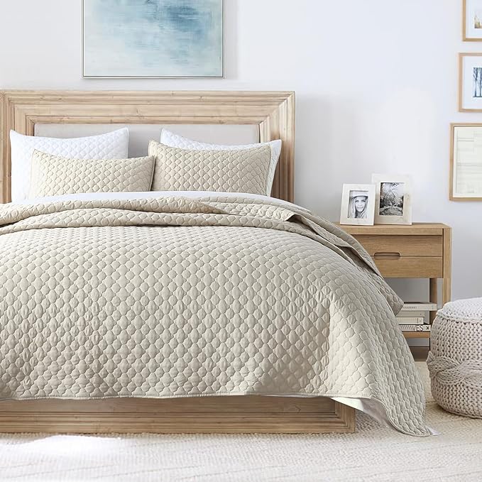 HORIMOTE HOME Quilt Set Queen Size Beige Bedspread, Modern Style Quilted Clouds Pattern Soft Coverlet Set Lightweight Microfiber for All Season, 3 Pieces Includes 1 Quilt and 2 Pillow Sham