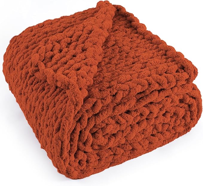 Chunky Knit Throw Blanket 60"X 80", 100% Handmade with Soft Chenille Yarn, 4.4lbs Thick Cable Knitted Blankets, Large Rope Knot Crochet Throws for Couch Sofa Bed Home Decor, Rust