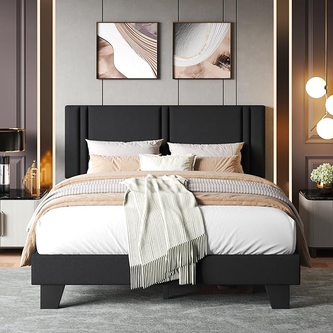 Upholstered Queen Size Bed Frame with Linen Fabric Headboard, Strong Wooden Slats Support, Noise Free, No Box Spring Needed, Black