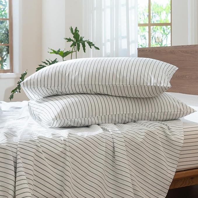 MooMee Striped Duvet Cover Set 100% Washed Cotton Linen Like Textured Breathable Durable Soft Comfy (White Heathered Green Wide Stripes, Oversized King Plus 128"x120")