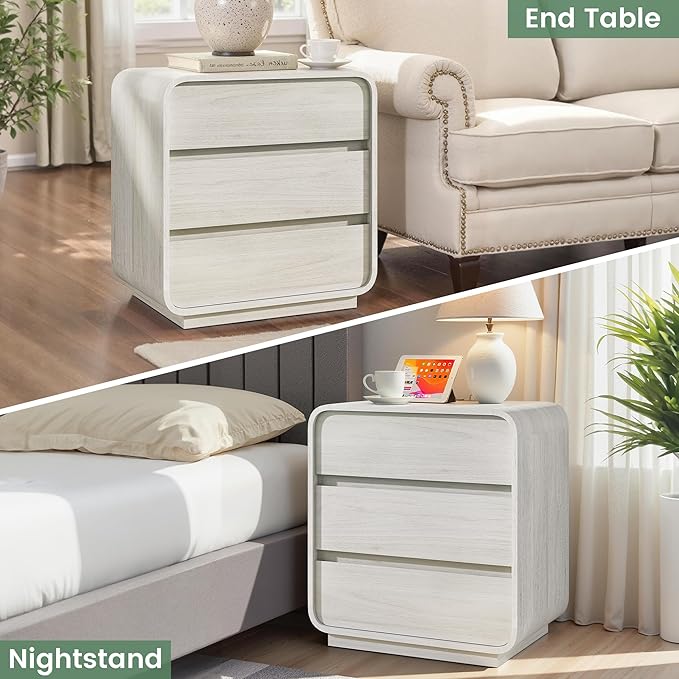 White Night Stand Set of 2 with Charging Station, Modern Dresser End Table with 3 Storage Drawers, Curved Wood Bedside Table, Mid Century Night Stand for Bedroom Dorm, 23.2" Wide