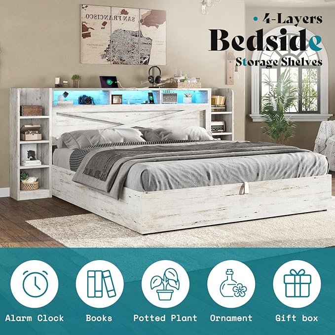 AMERLIFE King Size Lift Up Storage Bed Frame, 45.1" LED Bed Frame with 2 Side Shelves & Bookcase Headboard, Farmhouse Wood Platform Bed with Charging Station, No Box Spring Needed, Distressed White