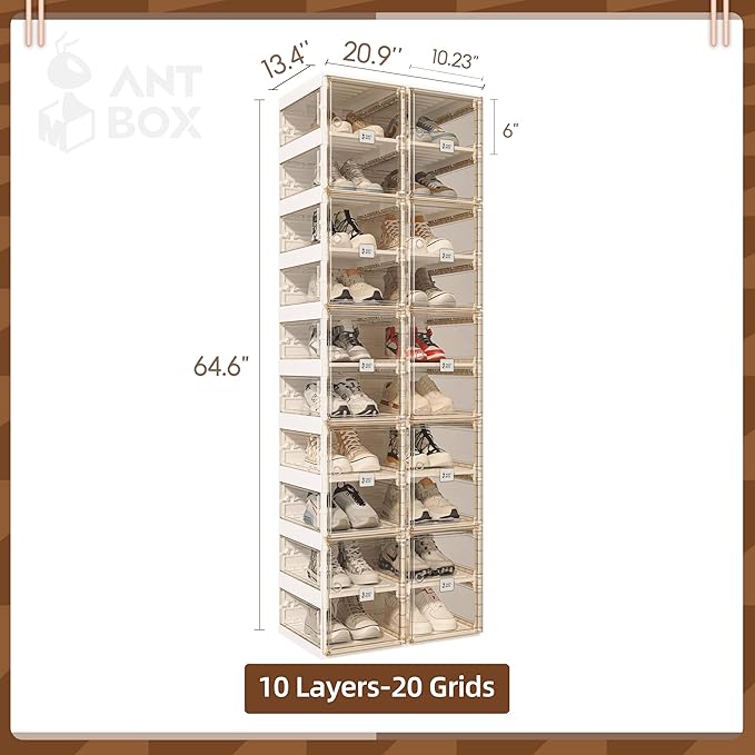 ANTBOX Foldable Shoe Rack,Shoe Organizers for Closet Plastic Shoe Storage Box for Entryway,Living Room,Large Sturdy Stackable Sneaker Cabinet Bins with Magnetic Clear Door 10 Tiers 20 Pairs