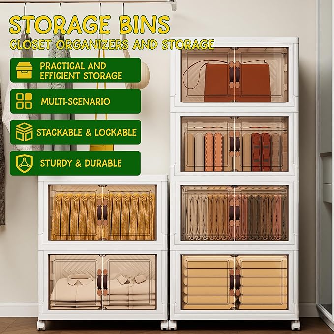 Storage Bins with 2 Lids and Wheels, 660QT-110QT*6Tier Collapsible Bathroom Storage Cabinet with Clear Doors, Plastic Stackable Closet Organizers and Containers White