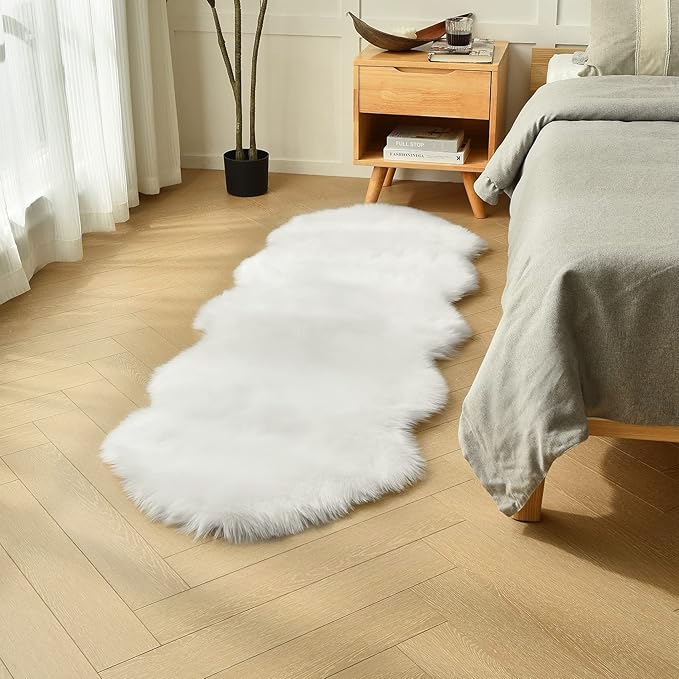 duduta White Faux Sheepskin Runner Rugs 2x6 ft, Fluffy Shag Bedroom Rug Fur Sofa Couch Covers Washable