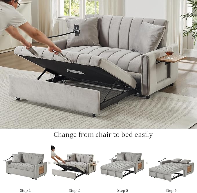 3 in 1 Convertible Sleeper Sofa Bed, Pull Out Couch Bed with USB Ports, Foldable Tables & Phone Stand, Adjustable Backrest Velvet Loveseat Futon Couch for Living Room Bedroom Samll Space (Solid Grey)