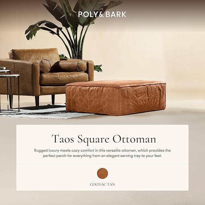 POLY & BARK Taos Ottoman – 37" Square Pouf with Feather-Down Topper – Full-Grain Leather Upholstered Pouf Ottoman for Living Room – Vintage Italian Leather in Cognac Tan