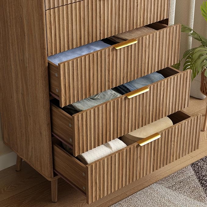 CARPETNAL Fluted 5 Drawers Dresser for Bedroom, 45" Tall Wooden Chest of Drawers with Rounded Corners, Gold Handles, Modern Storage Organizer for Bedroom, Hallway (Walnut)