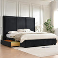 YUHUASHI King Size Bed Frame with 64-inch High Headboard, Simple and Airy Linen Upholstered Platform Bed with Storage Drawers, Wood Slat, No Noise (Ink Blue, King)