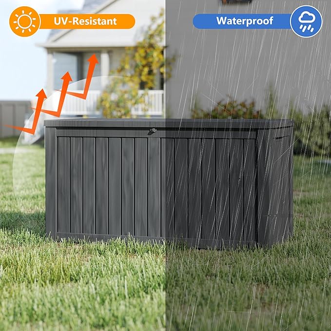 150 Gallon Resin Deck Box, Waterproof Outdoor Storage Box, Lockable for Patio Furniture, Garden Tools, Pool Accessories, UV-Resistant for All Weather Use, Black