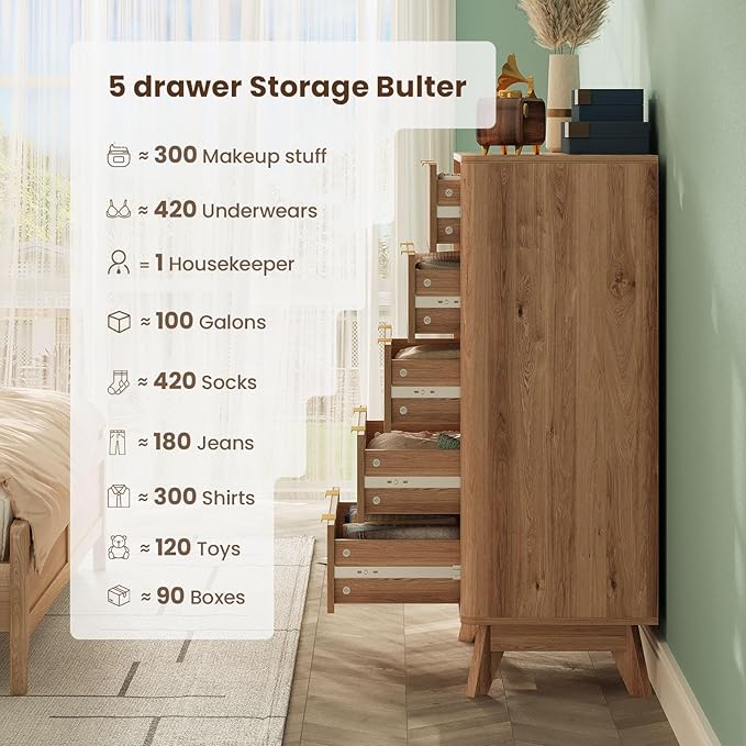 43'' Hight 5 Drawers Dresser for Bedroom,Modern Fluted Vertical Chest with Rounded Corners,Fluted Dresser for Living Room,Hallway, Natural Wood