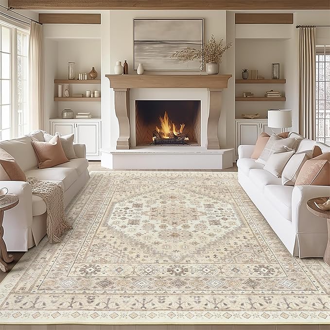 zesthome 7x9 Area Rug, Super Soft Washable Rugs for Living Room, Non-Slip Stain Resistant Vintage Rugs, Ultra-Thin Large Area Rugs (Cream/Beige,7'x9')