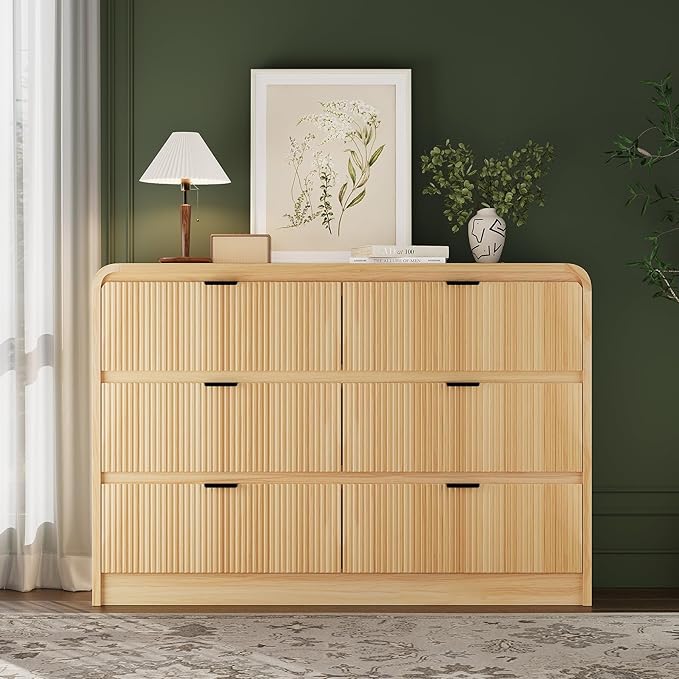 FURSUN Fluted 6 Drawers Dresser for Bedroom, 54" Wide Wooden Dresser with Metal Handle, Curved Profile Design, Modern Storage Organizer for Bedroom, Living Room, Hallway, Natural Oak