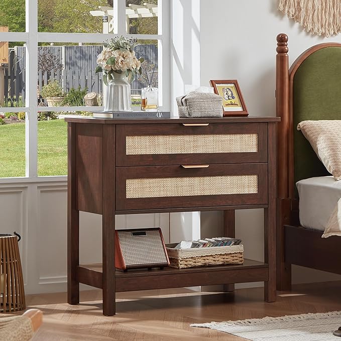 LEYAOYAO 31.5" Wide Rattan Night Stand, Large Boho Nightstand, Bedside Table with Storage, Tall Bed Side End Tables, Chest of Drawers for Bedroom, Living Room, Hallway（Walnut,2 Drawers,2）