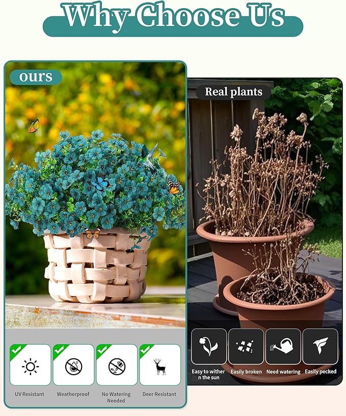 JAKY-Global Faux Artificial Plants Outdoor Flowers Spring Summer Decoration 16 Bundles Fake Eucalyptus Silk Daisy UV Resistant Realistic for Outside Pot,Front Porch,Planters,Patio,Yard Decor