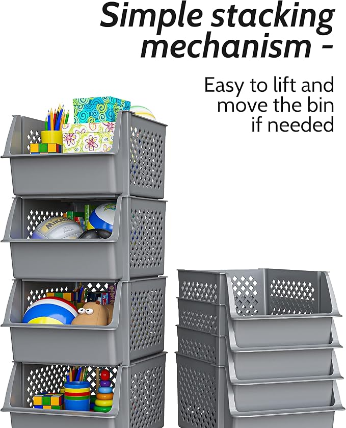 TidyFriend Plastic Stackable Storage Bins for Pantry, 4 Pack Stackable Bins For Organizing Food, Kitchen, and Bathroom Essentials (Grey)