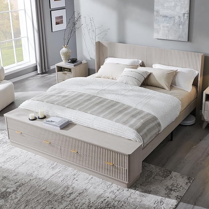 T4TREAM Fluted King Size Bed Frame with Wingback Headboard, Footboard Storage Bench with Built-in Drawers & Lift-Up Compartments, Wood & Steel Platform Bed, No Box Spring Needed, White Alder